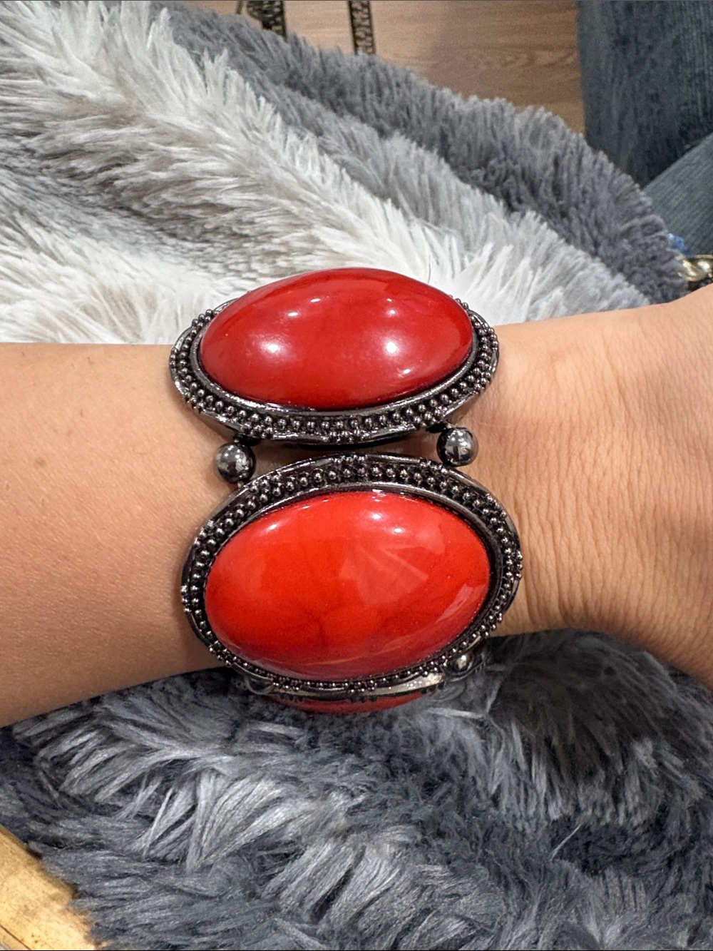 22-Bold Red Cabochon Silver-Tone Stretch Bracelet - Unbranded